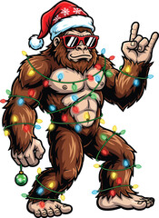Cool Bigfoot in Santa Hat Wrapped in Christmas Lights – Funny Holiday Sasquatch Cartoon Illustration