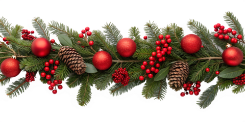 Christmas garland decorated with red baubles, berries, and fir branches on white background. Festive horizontal border for holiday banners and greeting cards.