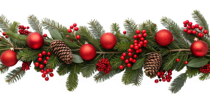 Christmas garland decorated with red baubles, berries, and fir branches on white background. Festive horizontal border for holiday banners and greeting cards.