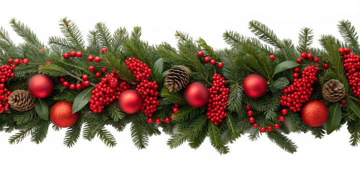 Christmas garland decorated with red baubles, berries, and fir branches on white background. Festive horizontal border for holiday banners and greeting cards.