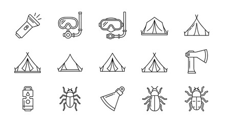 Collection of Camping and Outdoor Adventure Line Icons: Includes Flashlight, Diving Mask, Snorkel, Multiple Tent Styles, Axe, Bug Spray, and Various Insects, Perfect for Travel and Hobbies Design