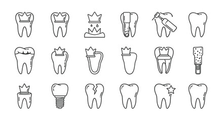 Dental Crown Line Icon Set: A comprehensive collection of outline signs for graphic and web design, apps, adverts, and various cards, featuring vector cartoon illustrations of healthy and treated