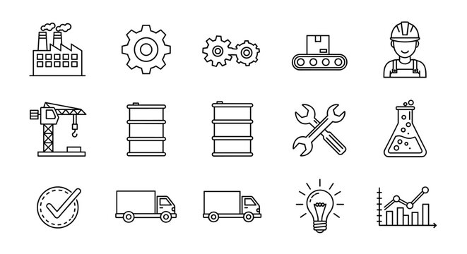 Collection of industrial and manufacturing line icons, including factory, gears, conveyor belt, worker, crane, oil barrels, tools, lab flask, delivery trucks, lightbulb, and graph, perfect for