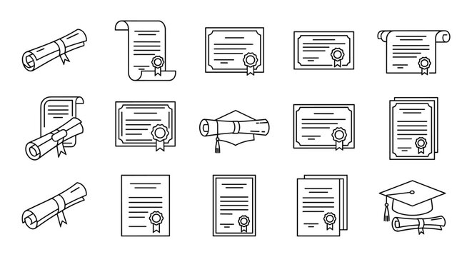 Collection of diploma and certificate icons, rendered in a clean, thin-line vector style, perfect for digital applications, websites, banners, and infographics, symbolizing academic achievement and