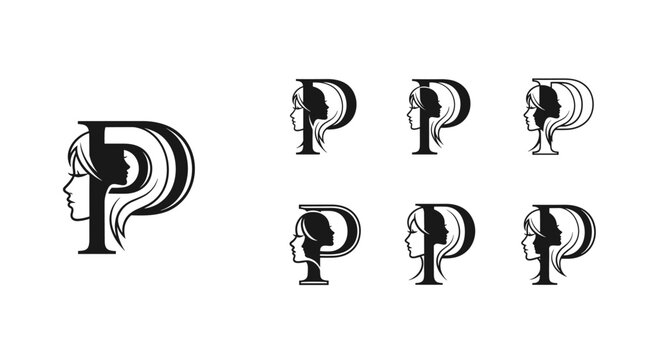 Elegant Monogram Letter P Logo Design Featuring a Woman's Silhouette with Flowing Hair, Perfect for Beauty Brands, Salons, and Personal Branding. This Vector Illustration Showcases a Stylized - Powered by Adobe