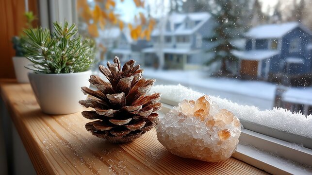 Pine Cone and Citrine Crystal by Snowy Window with Plants