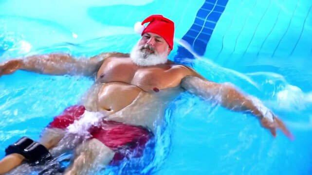Santa Claus training with a pull buoy for upper body strength. Focused Christmas swimming workout for muscle isolation.