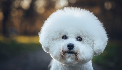 Close-up portrait of a white Bichon Frise with a fluffy coat