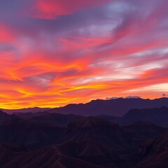 Obraz premium Vibrant orange and purple hues paint the sky over rugged African mountains at sunset, landscape, Sunset