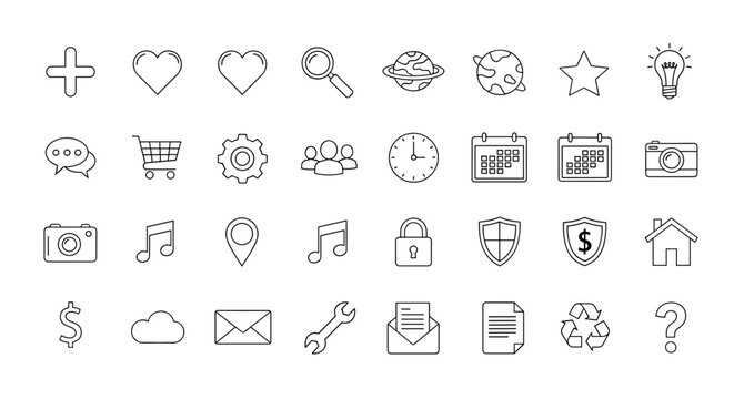 Vector line icon bundle featuring a plus sign, heart, loupe, planets, star, lightbulb, chat bubbles, shopping cart, gear, people group, clock, calendars, cameras, music notes, map pin, lock, shields