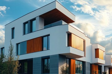 Modern white and gray residential building with large windows and wooden panel accents under a partly cloudy blue sky during the golden hour