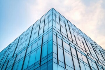 modern glass office building with reflective blue windows against a partly cloudy sky showing sharp angular perspective from low angle