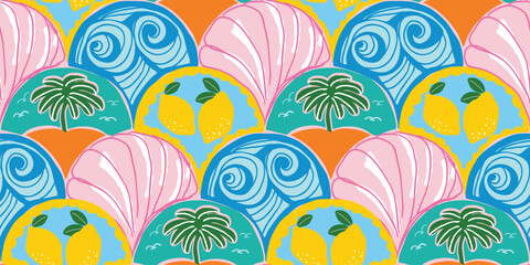 Obraz premium Seamless tropical pattern with ocean waves, shells, lemons and palm trees in pastel pink, aqua and orange. Ideal for summer-themed textile or wallpaper