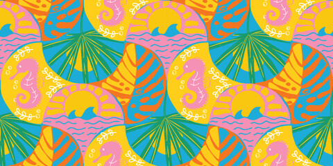 Colorful tropical vector pattern with seahorses, ocean waves and fan palm leaves in pink, yellow, and teal. Great for fabric, wallpaper and surface design © TWINS DESIGN STUDIO