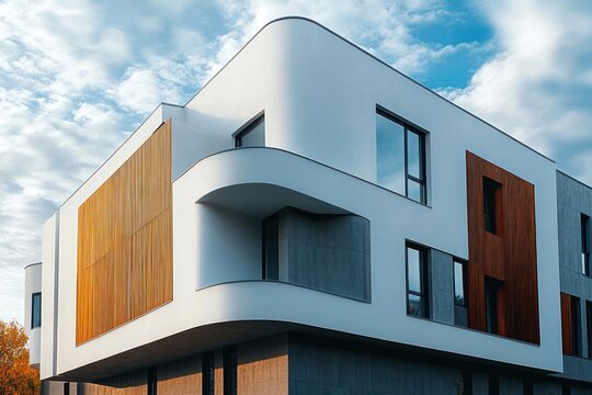 Modern white building with rounded edges and large windows featuring vertical wooden panels under a partly cloudy sky during daylight - Powered by Adobe