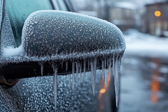 Close-up of a car side mirror covered in frost and hanging icicles during cold winter weather on a blurry urban street background