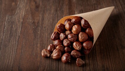 Fototapeta premium Still Life with Brown Paper Cone and Gleaming Round Objects on Wooden Surface.