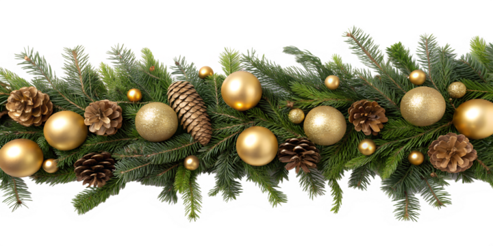 Elegant Christmas garland with golden baubles, fir branches, and pine cones on white background. Perfect for luxury holiday and New Year design.