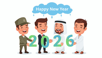 Joyful celebration of Happy New Year 2026 by a diverse group of men, including a soldier, businessman, and traditional figures, holding numerical digits in a cheerful cartoon illustration