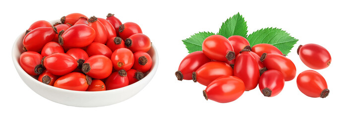 Rose hip in ceramic bowl isolated on a white background with full depth of field. Top view. Flat lay.