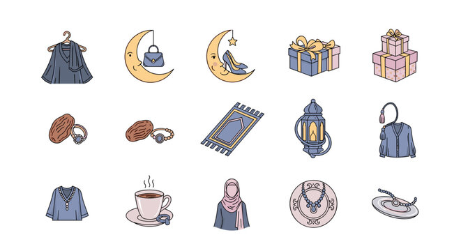 Ramadan Celebration Icon Set: A charming vector illustration collection featuring Islamic cultural elements like dates, prayer rugs, lanterns, modest fashion, jewelry, and gift boxes, perfect for