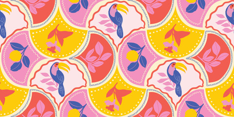 Colorful tropical toucan and floral vector seamless pattern with pink, yellow and purple tones &mdash; playful summer jungle design for fabric, wallpaper, packaging and decorative print projects.