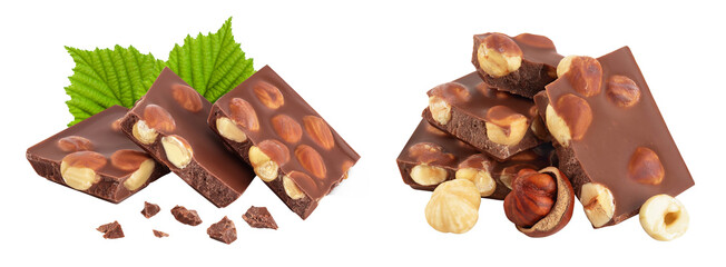 Chocolate with hazelnuts isolated on white background with full depth of field.
