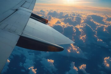 Obraz premium Airplane wing flying above dense clouds illuminated by golden sunset light creating a serene and majestic atmosphere