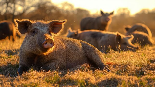 A group of pigs resting and lounging peacefully in a sunlit grassy field during golden hour