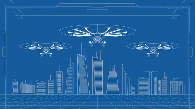 Futuristic blueprint of drones flying over a modern city skyline, showcasing innovation and technology for urban planning and future development projects