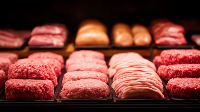 Trays filled with fresh sliced meat and patties showcase vibrant colors in a busy butcher shop. The red hues of beef and pink tones of pork highlight an inviting selection for customers