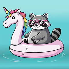 Cute Raccoon in Unicorn Pool Float – Summer Cartoon Animal Illustration for Kids