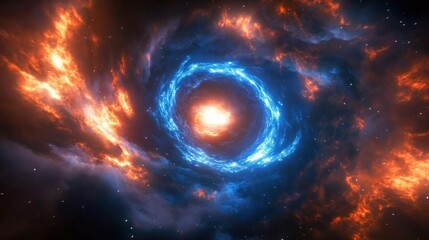 Vibrant cosmic scene depicting a glowing blue spiral galaxy surrounded by fiery orange and red nebula clouds in deep space