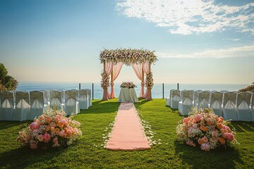 Beautiful outdoor wedding setup on a green lawn overlooking the ocean under a partly cloudy sky with a flower-decorated arch, white chairs with covers, and floral arrangements