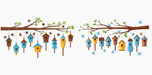 Colorful birdhouses hanging from tree branches with small birds flying around, depicting a spring or nature scene.