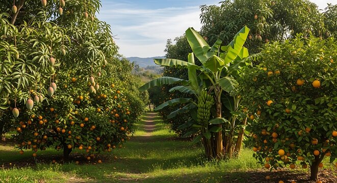 Lush Tropical Fruit Orchard with Mango, Banana, and Orange Trees. - Powered by Adobe