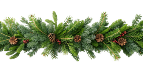Natural fir branch garland isolated on white background. Evergreen border perfect for winter and Christmas designs.