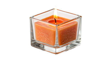 Orange candle in a square glass holder isolated on transparent background