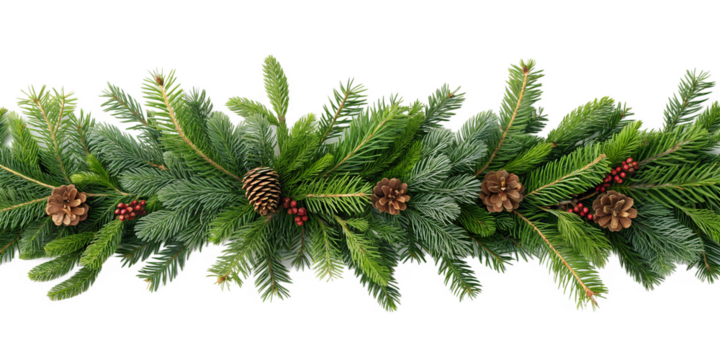 Natural fir branch garland isolated on white background. Evergreen border perfect for winter and Christmas designs.