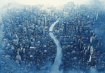 A dense cityscape with countless high-rise buildings surrounding a winding river under a hazy, misty atmosphere evoking a sense of vastness and tranquility