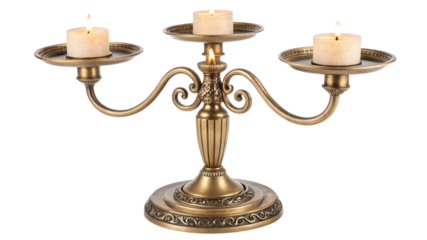 Elegant bronze candelabra with three burning candles isolated on transparent background