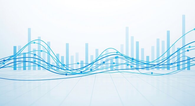 Abstract blue wavy lines and bar graph overlay on white background - Powered by Adobe