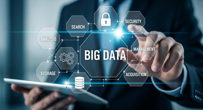 Big Data Hologram — BIG DATA Text with Security Lock, Gears and Storage Icons