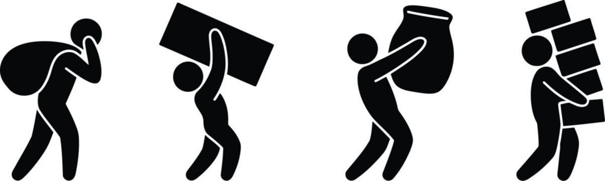 Black Silhouette Icons Depicting People Carrying Heavy Objects on a White Background