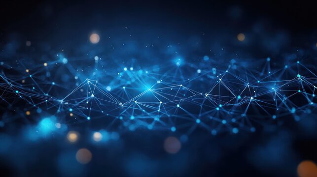 Abstract network of interconnected glowing blue nodes and lines on a dark blue background representing digital connections and data flow