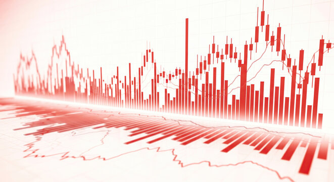 Abstract red candlestick chart showing financial market trends and data
