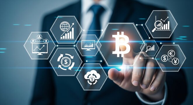 Bitcoin Hologram HUD — Bitcoin Symbol with Global Network, Exchange and Analytics Icons