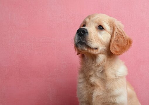 close-up of a golden retriever puppy looking up thoughtfully against a plain pink background