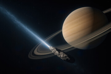 Comet emitting energy beam near ringed planet