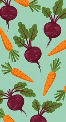 Seamless pattern featuring vibrant illustrations of beets and carrots against a light teal background. A fresh, healthy, and colorful design.